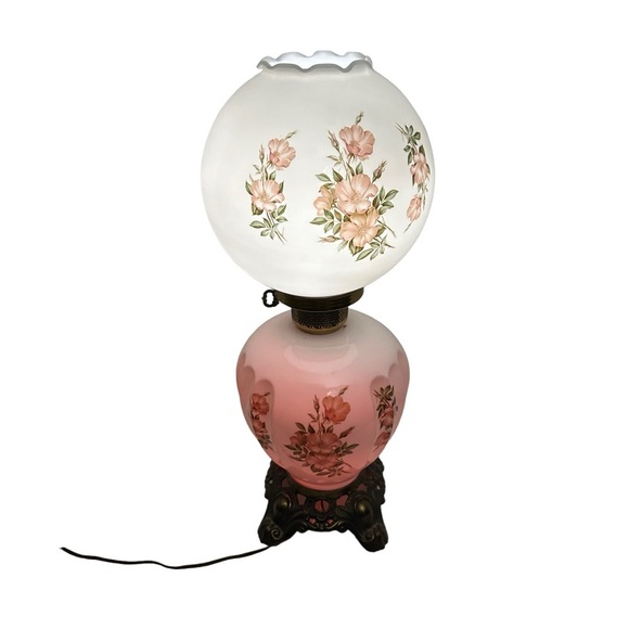 Unbranded Other - Vtg Hand Painted Floral Bulbous Ceramic Hurricane Parlor Lamp Brass Pedestal 24”